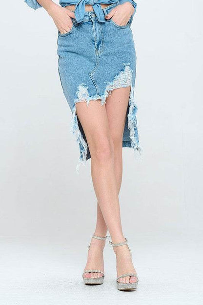 FRONT DESTROYED DENIM SKIRT - Shop Style & More | Fresh Looks, Everyday Deals & Free Shipping