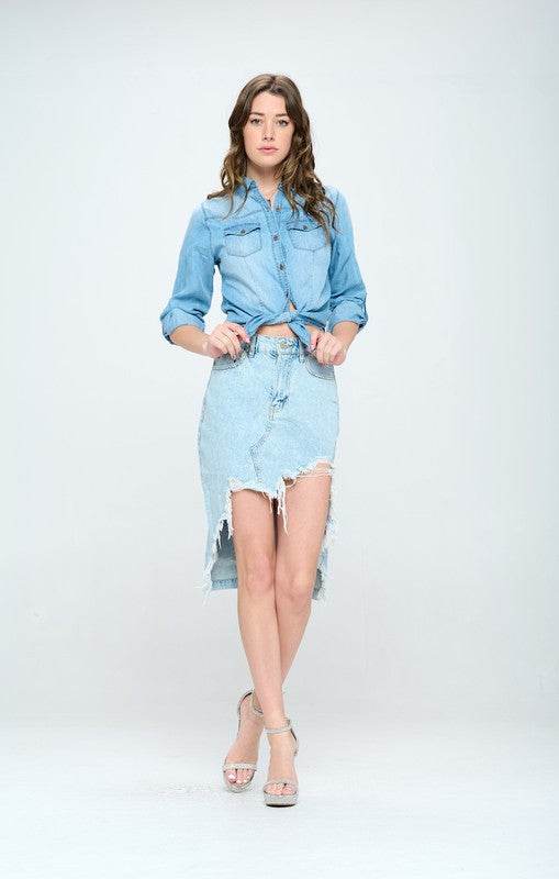 FRONT DESTROYED DENIM SKIRT - Shop Style & More | Fresh Looks, Everyday Deals & Free Shipping