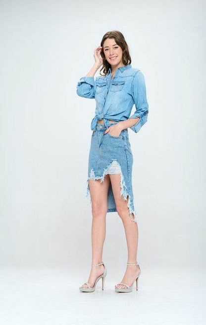 FRONT DESTROYED DENIM SKIRT - Shop Style & More | Fresh Looks, Everyday Deals & Free Shipping