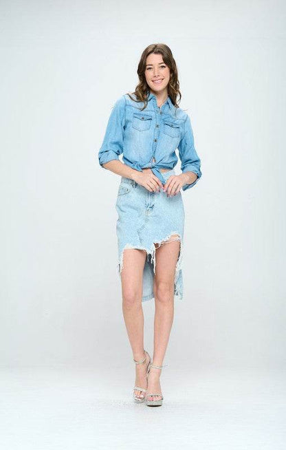 FRONT DESTROYED DENIM SKIRT - Shop Style & More | Fresh Looks, Everyday Deals & Free Shipping