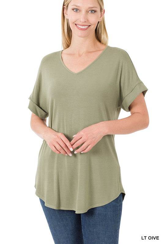 Luxe Rayon Short Cuff Sleeve V-Neck Round Hem Top - Shop Style & More | Fresh Looks, Everyday Deals & Free Shipping