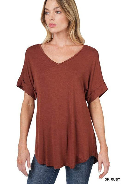 Luxe Rayon Short Cuff Sleeve V-Neck Round Hem Top - Shop Style & More | Fresh Looks, Everyday Deals & Free Shipping