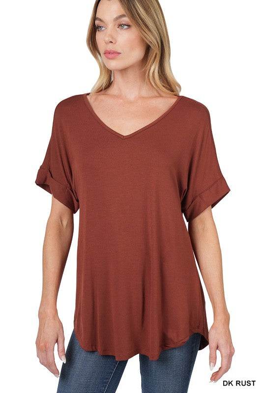 Luxe Rayon Short Cuff Sleeve V-Neck Round Hem Top - Shop Style & More | Fresh Looks, Everyday Deals & Free Shipping