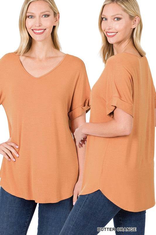 Luxe Rayon Short Cuff Sleeve V-Neck Round Hem Top - Shop Style & More | Fresh Looks, Everyday Deals & Free Shipping