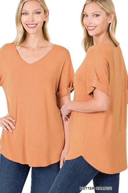 Luxe Rayon Short Cuff Sleeve V-Neck Round Hem Top - Shop Style & More | Fresh Looks, Everyday Deals & Free Shipping