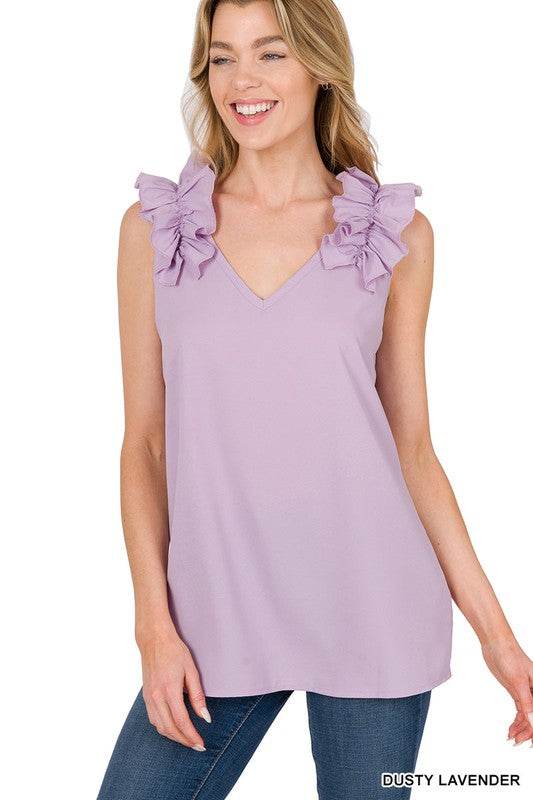 Woven Wool Dobby Ruffle Trim Sleeveless Top - Shop Style & More | Fresh Looks, Everyday Deals & Free Shipping