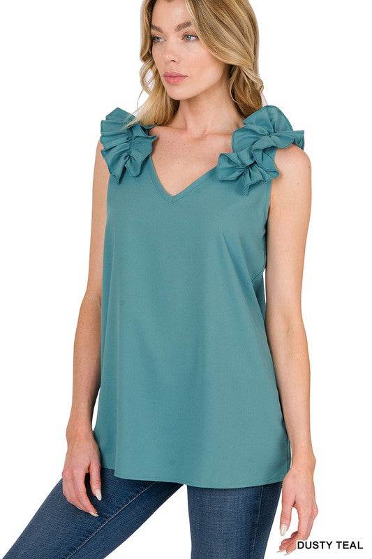 Woven Wool Dobby Ruffle Trim Sleeveless Top - Shop Style & More | Fresh Looks, Everyday Deals & Free Shipping