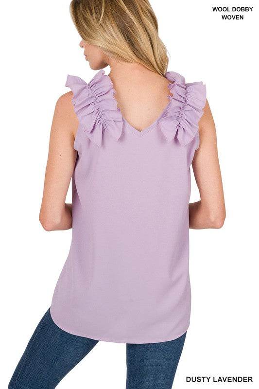 Woven Wool Dobby Ruffle Trim Sleeveless Top - Shop Style & More | Fresh Looks, Everyday Deals & Free Shipping