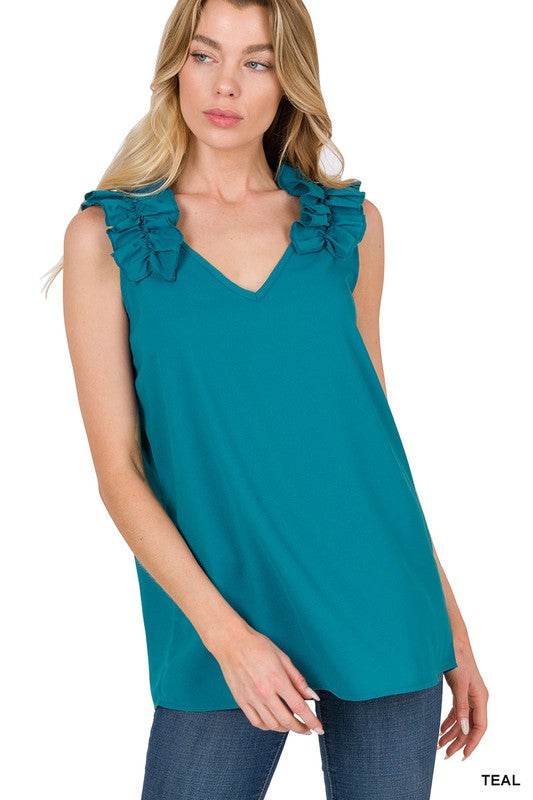 Woven Wool Dobby Ruffle Trim Sleeveless Top - Shop Style & More | Fresh Looks, Everyday Deals & Free Shipping