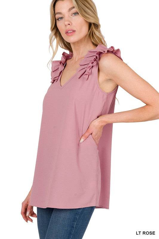 Woven Wool Dobby Ruffle Trim Sleeveless Top - Shop Style & More | Fresh Looks, Everyday Deals & Free Shipping