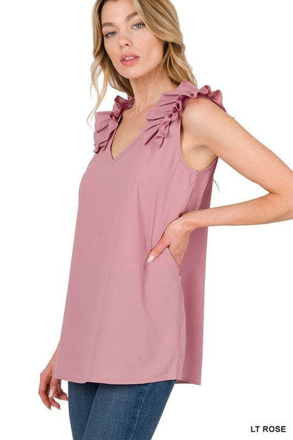 Woven Wool Dobby Ruffle Trim Sleeveless Top - Shop Style & More | Fresh Looks, Everyday Deals & Free Shipping