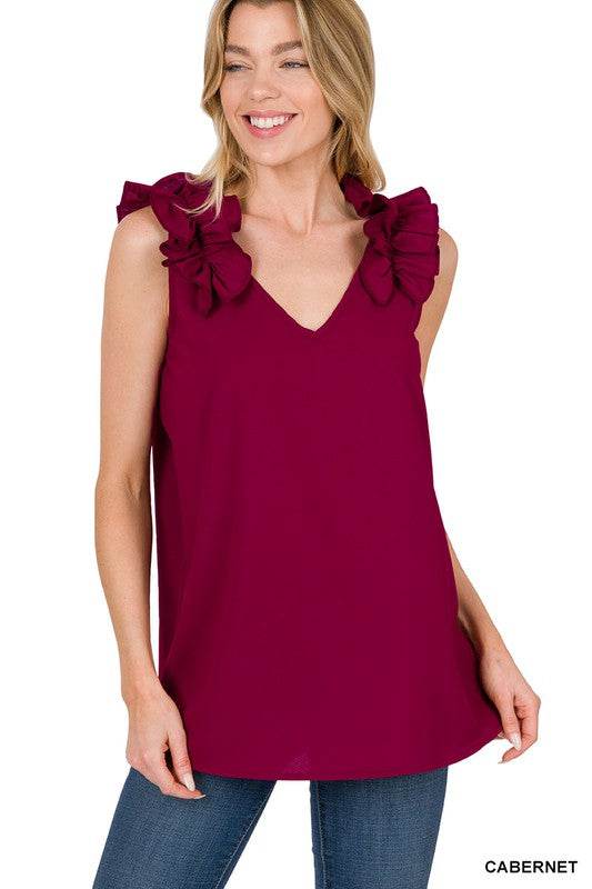Woven Wool Dobby Ruffle Trim Sleeveless Top - Shop Style & More | Fresh Looks, Everyday Deals & Free Shipping