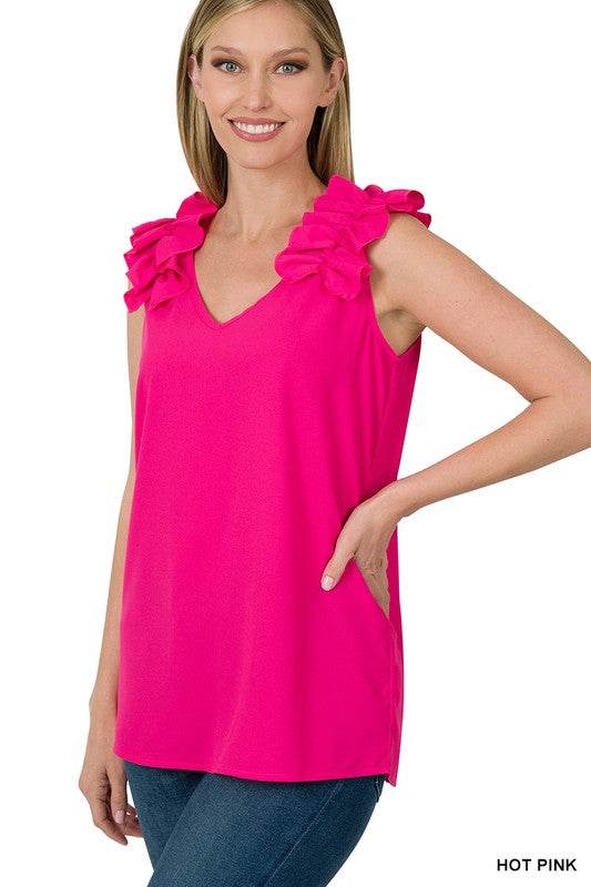 Woven Wool Dobby Ruffle Trim Sleeveless Top - Shop Style & More | Fresh Looks, Everyday Deals & Free Shipping