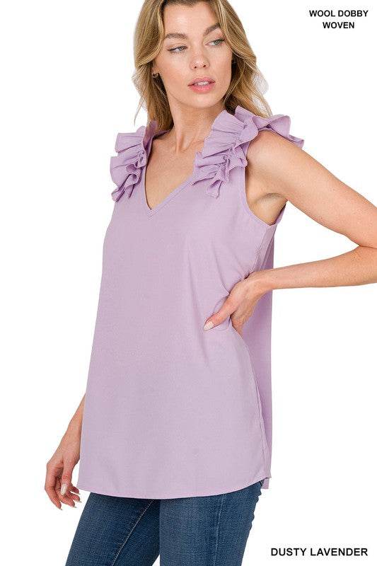 Woven Wool Dobby Ruffle Trim Sleeveless Top - Shop Style & More | Fresh Looks, Everyday Deals & Free Shipping