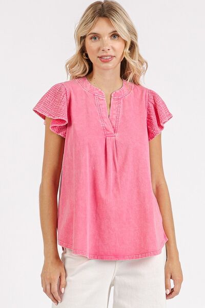 Mittoshop Mix Media Ruffle Short Sleeve Mineral Wash Top PINK BLOOM Blouses