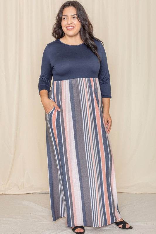 Plus Stripe Quarter Sleeve Maxi Dress - Shop Style & More | Fresh Looks, Everyday Deals & Free Shipping