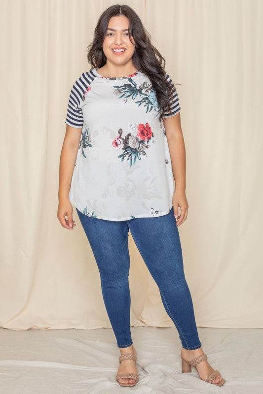 Plus stripe sleeve floral top/tunic - Shop Style & More | Fresh Looks, Everyday Deals & Free Shipping