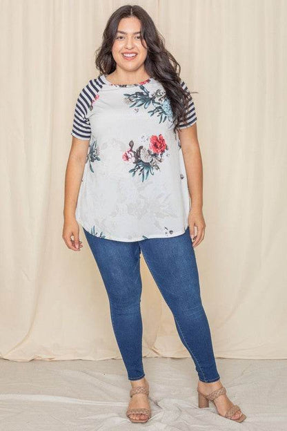 Plus stripe sleeve floral top/tunic - Shop Style & More | Fresh Looks, Everyday Deals & Free Shipping