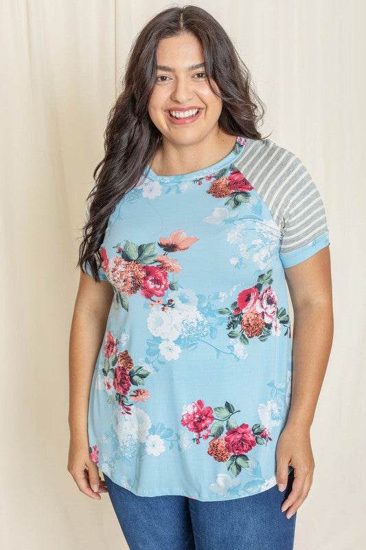 Plus stripe sleeve floral top/tunic - Shop Style & More | Fresh Looks, Everyday Deals & Free Shipping