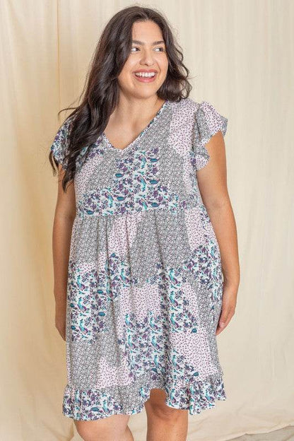 Plus Mix Floral Flutter Sleeve Mini Dress - Shop Style & More | Fresh Looks, Everyday Deals & Free Shipping