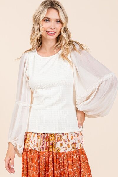 Mittoshop Mixed Media Textured Knit Chiffon Long Sleeve Top Ivory Blouses