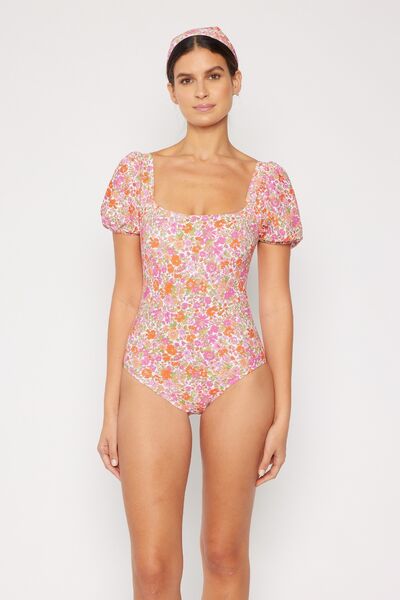 Marina West Floral One-Piece Swimsuit with Puff Sleeves Pink One-Piece Swimwear