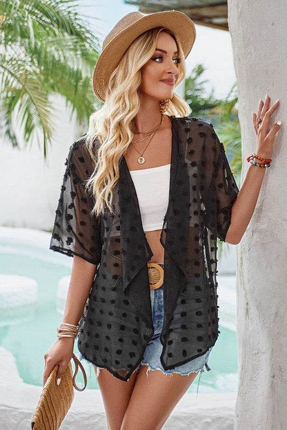 Draped Collar Swiss Dot Cover Up Cardigan Top - Shop Style & More | Fresh Looks, Everyday Deals & Free Shipping