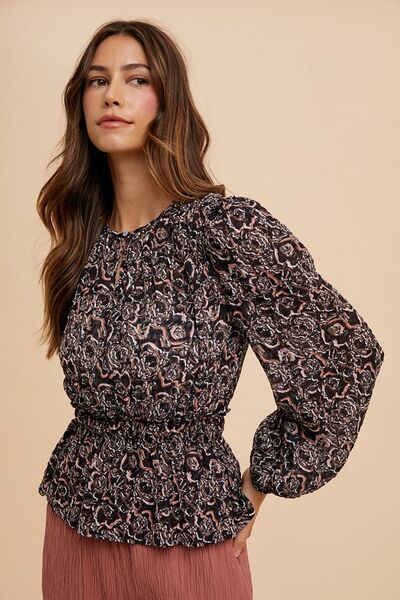 Annie Wear Abstract Print Balloon Sleeve Peplum Blouse Blouses