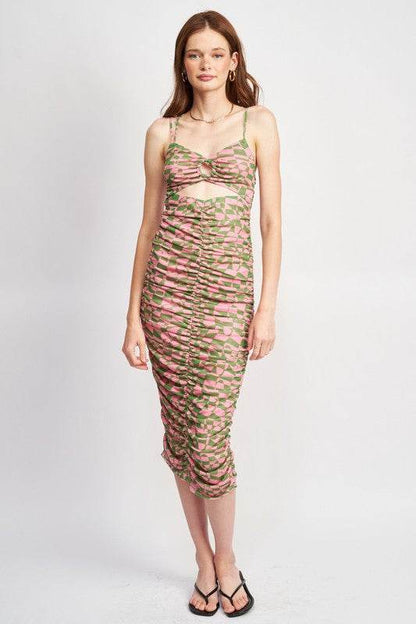 SPAGHETTI STRAP RUCHED DRESS WITH CUT OUT - Shop Style & More | Fresh Looks, Everyday Deals & Free Shipping