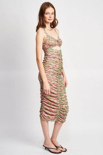 SPAGHETTI STRAP RUCHED DRESS WITH CUT OUT - Shop Style & More | Fresh Looks, Everyday Deals & Free Shipping