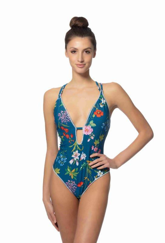 BLUE FLORAL ONE PIECE SWIMSUIT W/STITCHING DETAILS - Shop Style & More | Fresh Looks, Everyday Deals & Free Shipping