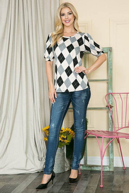 Argyle Print Puff Sleeve Knit Jersey Top - Shop Style & More | Fresh Looks, Everyday Deals & Free Shipping