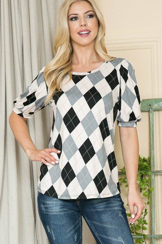 Argyle Print Puff Sleeve Knit Jersey Top - Shop Style & More | Fresh Looks, Everyday Deals & Free Shipping
