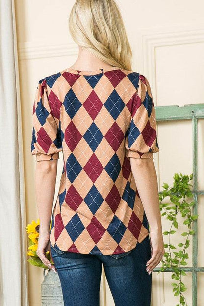 Argyle Print Puff Sleeve Knit Jersey Top - Shop Style & More | Fresh Looks, Everyday Deals & Free Shipping