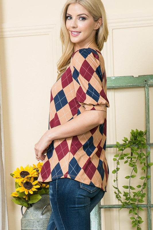 Argyle Print Puff Sleeve Knit Jersey Top - Shop Style & More | Fresh Looks, Everyday Deals & Free Shipping