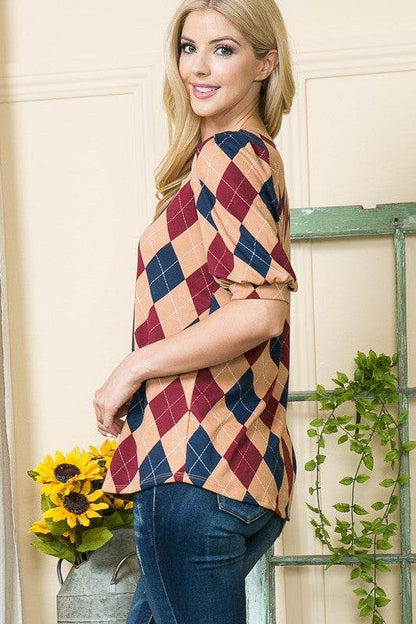 Argyle Print Puff Sleeve Knit Jersey Top - Shop Style & More | Fresh Looks, Everyday Deals & Free Shipping