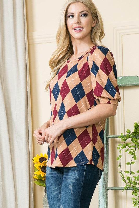 Argyle Print Puff Sleeve Knit Jersey Top - Shop Style & More | Fresh Looks, Everyday Deals & Free Shipping