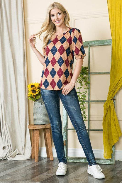 Argyle Print Puff Sleeve Knit Jersey Top - Shop Style & More | Fresh Looks, Everyday Deals & Free Shipping