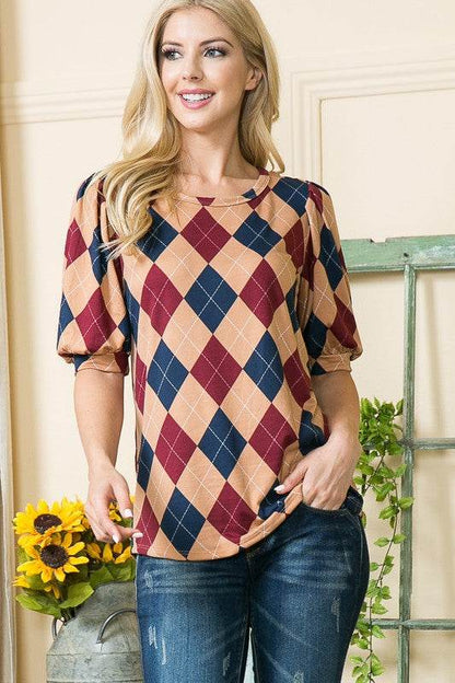 Argyle Print Puff Sleeve Knit Jersey Top - Shop Style & More | Fresh Looks, Everyday Deals & Free Shipping
