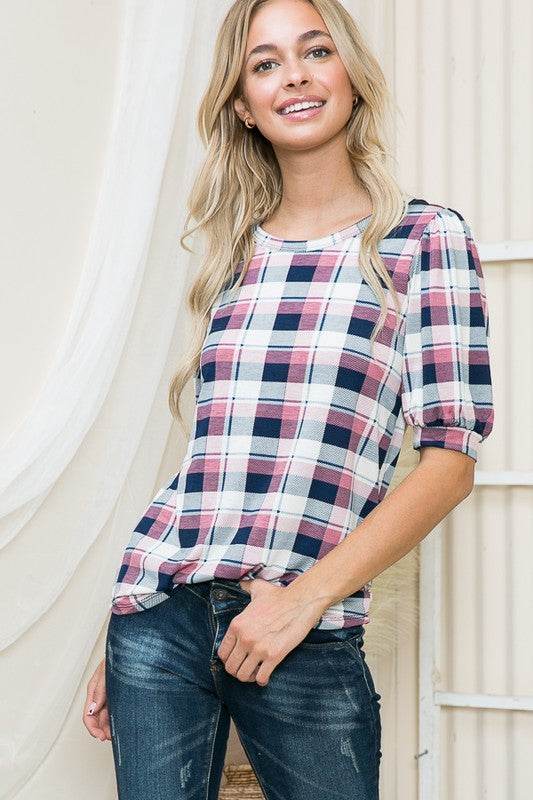 Plaid Puff Sleeve Jersey Top - Shop Style & More | Fresh Looks, Everyday Deals & Free Shipping