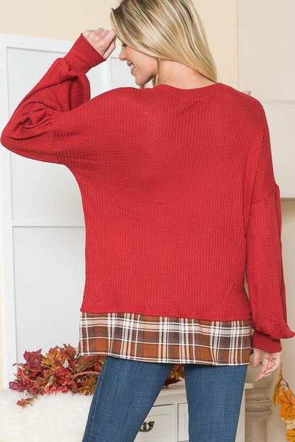 Balloon Sleeve Top with Plaid Print Contrast - Shop Style & More | Fresh Looks, Everyday Deals & Free Shipping