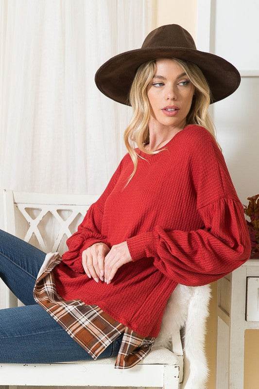 Balloon Sleeve Top with Plaid Print Contrast - Shop Style & More | Fresh Looks, Everyday Deals & Free Shipping