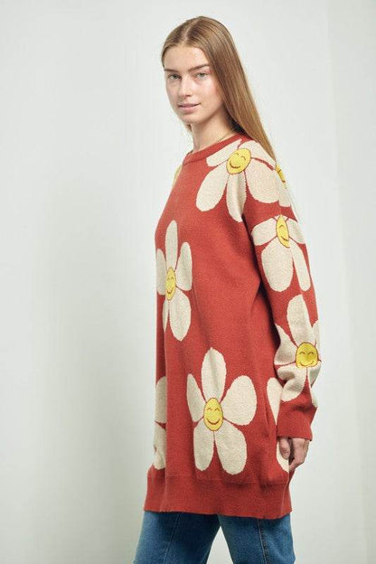 HAPPY FACE FLORAL PRINT KNIT SWETAER - Shop Style & More | Fresh Looks, Everyday Deals & Free Shipping