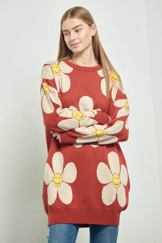 HAPPY FACE FLORAL PRINT KNIT SWETAER - Shop Style & More | Fresh Looks, Everyday Deals & Free Shipping