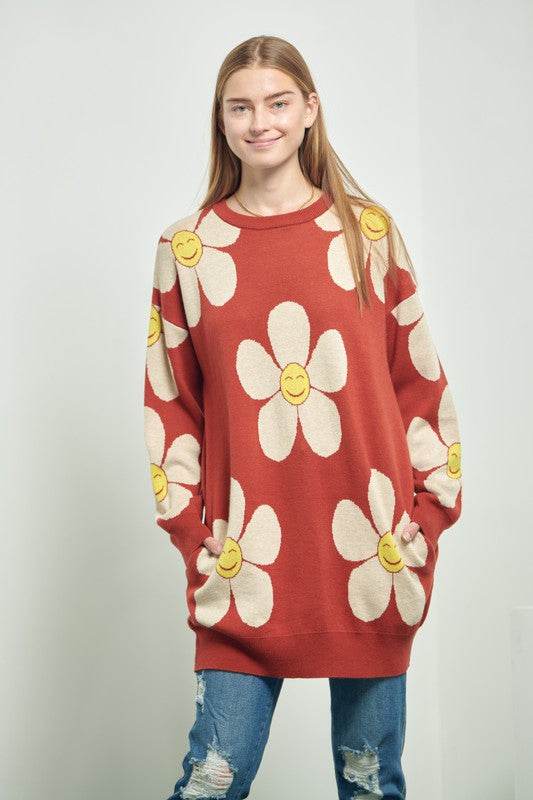 HAPPY FACE FLORAL PRINT KNIT SWETAER - Shop Style & More | Fresh Looks, Everyday Deals & Free Shipping