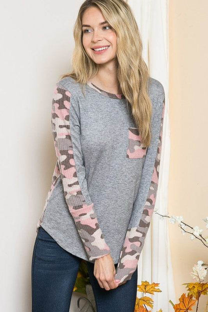 Textured Camo. Print Contrasted Sweater Knit Top - Shop Style & More | Fresh Looks, Everyday Deals & Free Shipping