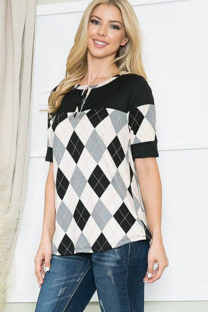 Argyle Print Button Front Jersey Top - Shop Style & More | Fresh Looks, Everyday Deals & Free Shipping