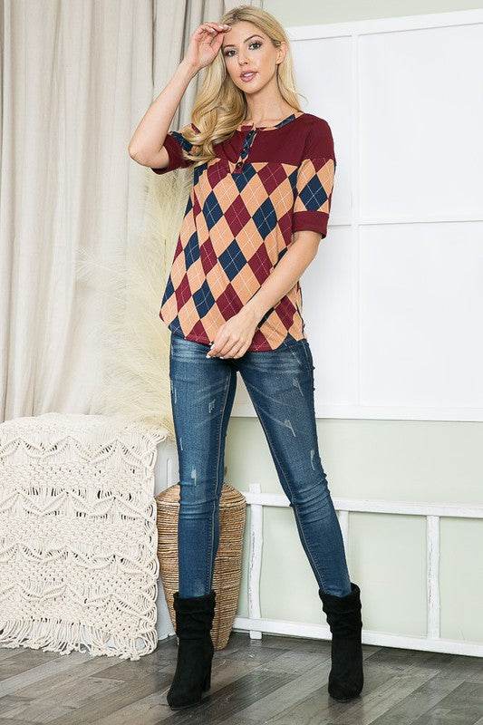 Argyle Print Button Front Jersey Top - Shop Style & More | Fresh Looks, Everyday Deals & Free Shipping