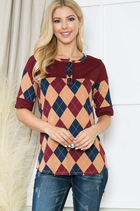 Argyle Print Button Front Jersey Top - Shop Style & More | Fresh Looks, Everyday Deals & Free Shipping