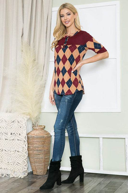 Argyle Print Button Front Jersey Top - Shop Style & More | Fresh Looks, Everyday Deals & Free Shipping